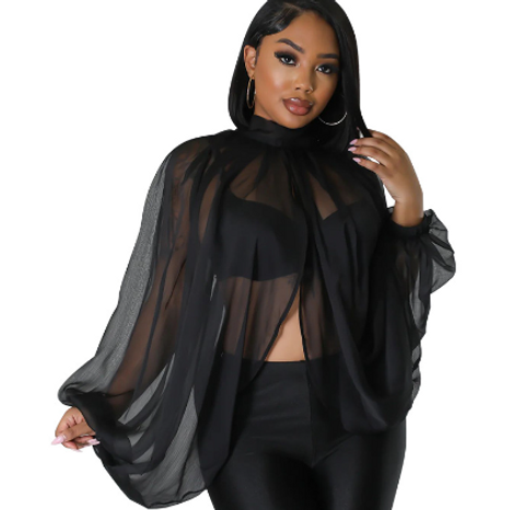 Voluminous Mock Neck Balloon Sleeve