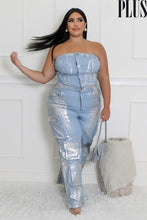 Make A Statement Strapeless Metallic Denim Jumpsuit - Plus