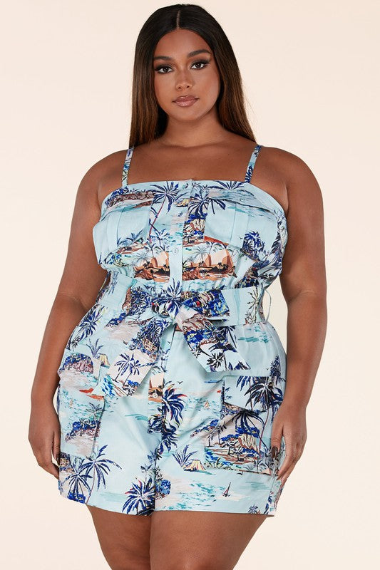 Blue Heaven Button Front Belted Romper - Plus 4X-Large / Blue