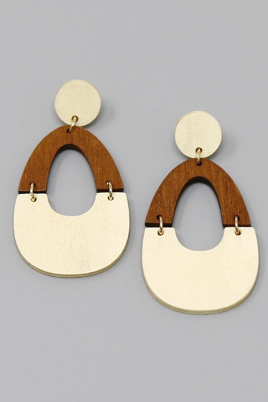 Two Tone Geometric Wooden Drop Earrings