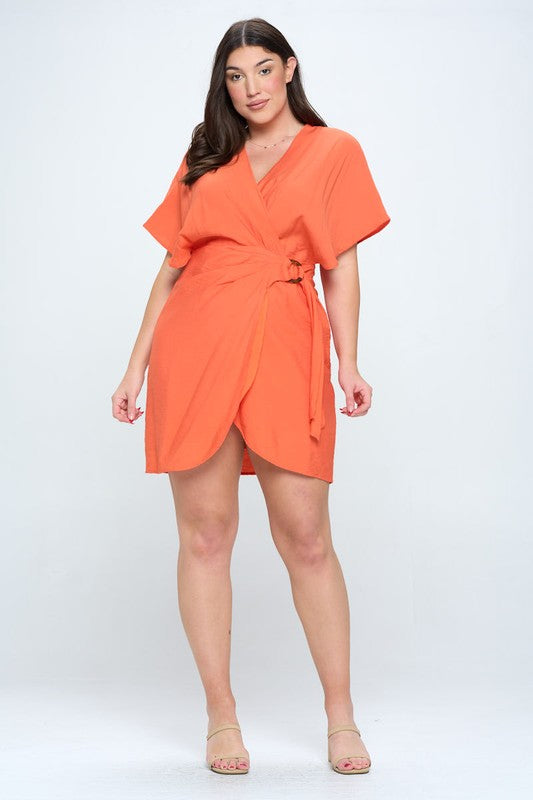mini wrap dress plus size Plus Size Short Sleeve Faux Wrap Mini Dress