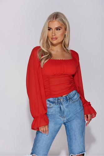 Ruched Balloon Sleeve Square Neck Top